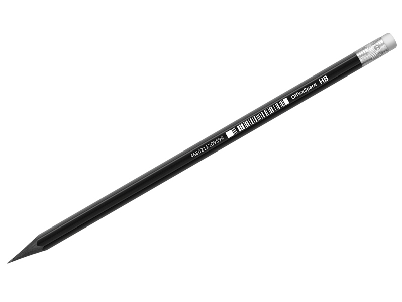 Карандаш ч/г заточенный с ластиком «OfficeSpace» HB, шестигранный черный пластик. корпус (12шт/уп)