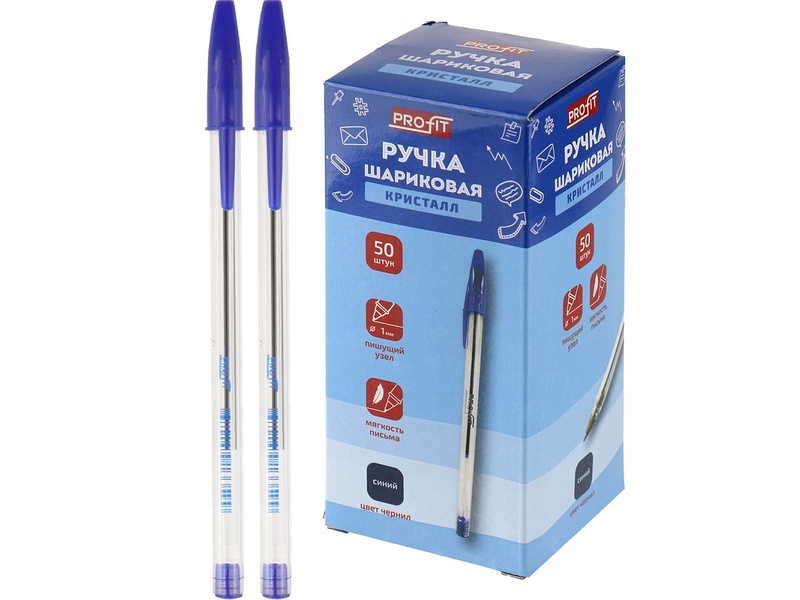 Ручка шариковая "КРИСТАЛЛ" прозрачный корпус 1,0 мм СИНЯЯ (50шт/уп) РШ-3359