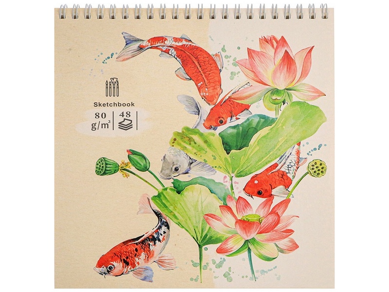 Купить оптом Скетчбук 190х190мм 48л «РЫБКИ И ЛИЛИИ» (гребень, обл. мел. картон) в Луганске