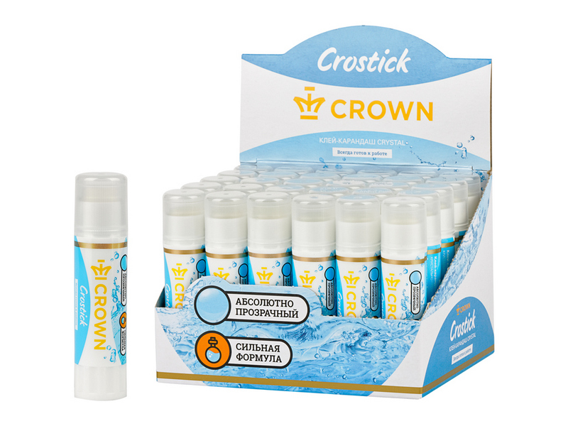 Клей-карандаш «Crown Crystal» 8 г на основе ПВП (30шт/уп)