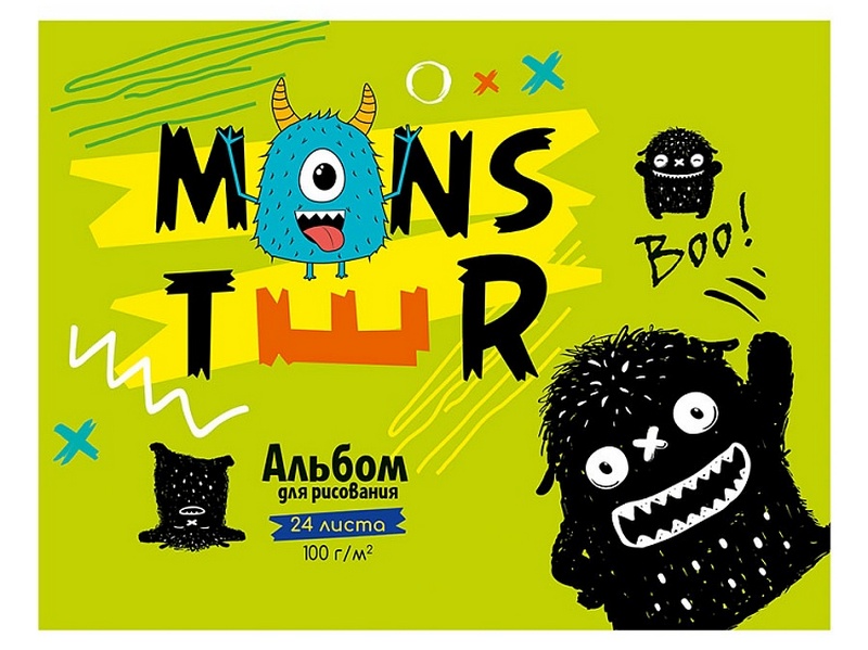 Альбом для рисования А5 24л МОНСТРИКИ (скрепка, целл. картон, офсет)