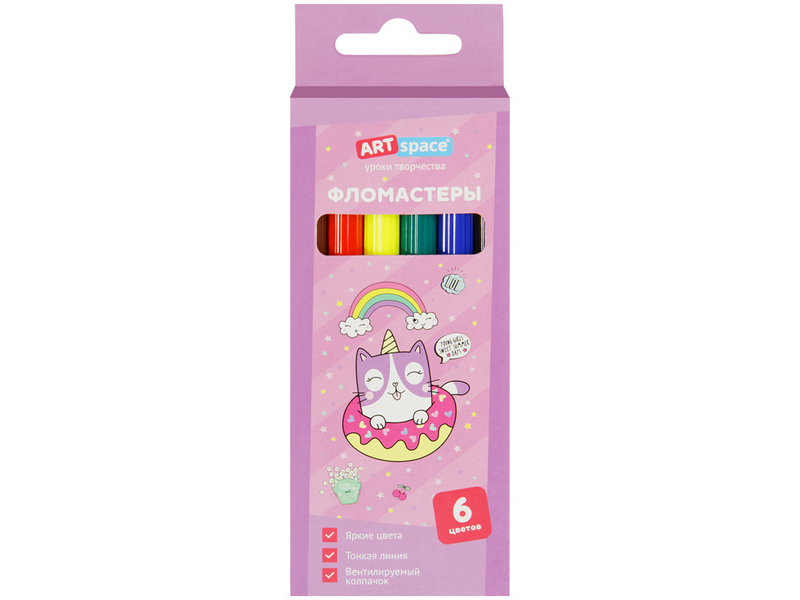 Фломастеры невентилируемые 6 цв. ArtSpace "Кот-сластена" смываемые