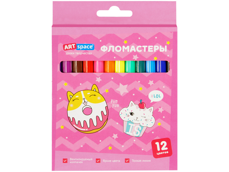 Фломастеры невентилируемые 12 цв. ArtSpace "Кот-сластена" смываемые