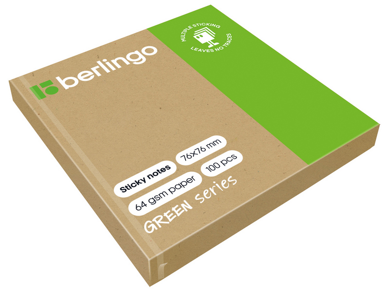 Блок для заметок самоклеящийся Berlingo "Green Series" 76*76 мм 100 л КРАФТ