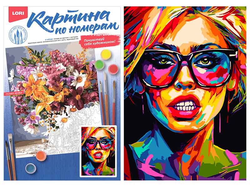 Картина на картоне с красками 20х28,5 см по номерам. ДЕВУШКА ПОП-АРТ