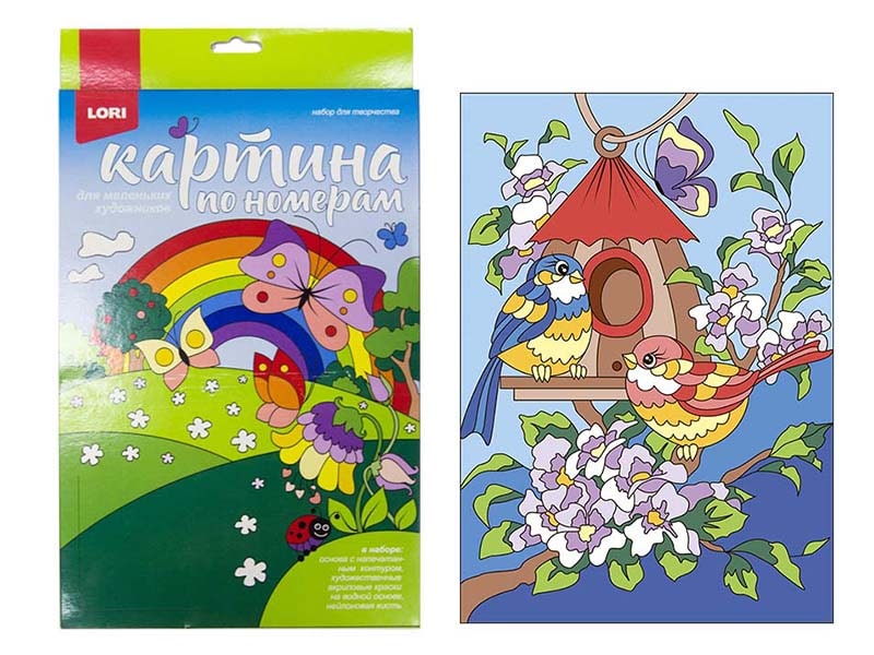 Картина на картоне с красками 20х28,5 см по номерам. ВЕСЕННИЕ ПТИЧКИ