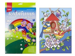 Картина на картоне с красками 20х28,5 см по номерам. ВЕСЕННИЕ ПТИЧКИ