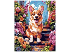 81413 [Кпн-358] Картина на картоне с красками 40х50 см по номерам. Корги в цветах