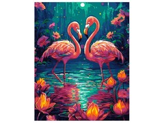 81415 [Кпн-363] Картина на картоне с красками 40х50 см по номерам. Влюбленные фламинго