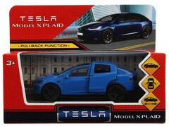 4660254444874 Машина металл tesla model x plaid 12 см, двери, синий, кор. Технопарк в кор.2*36шт MODELX-12-BU
