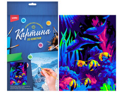 82045 [Кпн-123] Картина на картоне с красками 28,5х38 см по номерам. "Дельфины"