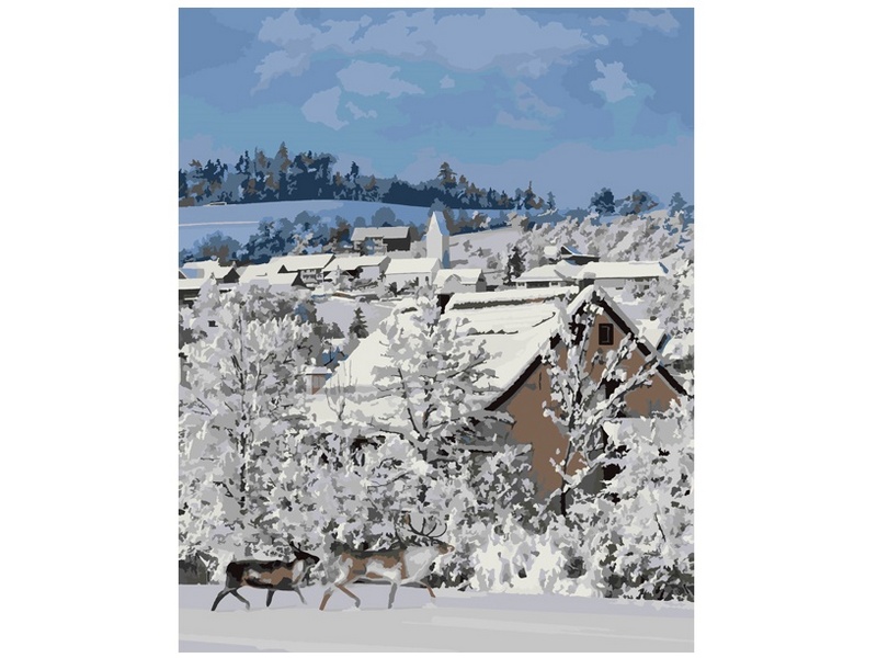 Купить оптом Картина на картоне с красками 40х50 см по номерам. Деревня зимой в Луганске