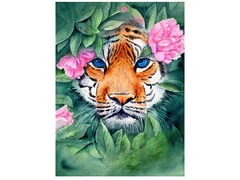 82206 [Х-3870] Холст с красками 17х22 см по номерам. Тигр в кустах