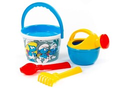 "Смурфики-6" набор №2: ведро среднее, ситечко, совок и грабельки №2, лейка малая № 4