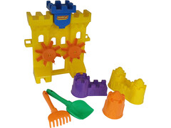83058 [45102] Набор №466: песочная мельница "Крепость", лопатка №5, грабельки №5, формочки (замок мост + замок башня + замок стена с двумя башнями)
