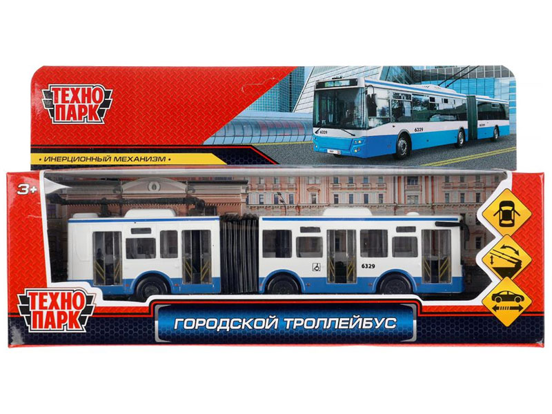 Купить оптом Технопарк. ГОРОДСКОЙ ТРОЛЛЕЙБУС металл. инерц. 19 см (открыв. двери) бело-синий в Луганске