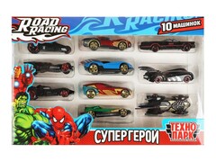 86225 [RR-SET-121-R] Машина металл ROAD RACING набор супергерои 7,5 см, 10 шт,в ассорт, кор. Технопарк в кор.2*30наб RR-SET-121-R