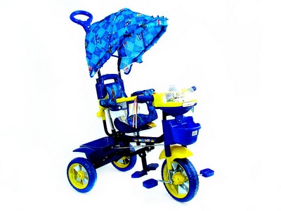 Купить оптом ВЕЛОСИПЕД 3-Х КОЛ. "МАЛЫШ",ГОЛОВА-РОБОТ,ТЕНТ,ШТАНЫ,РУЧКА,СИНЕ/ЖЕЛТЫЙ 750201-1 в Луганске