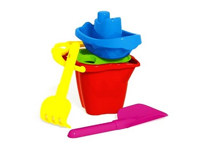 Песочный набор № 119 (ведро 0,6 л, сито, лопатка 19 см, грабли, кораблик малый)